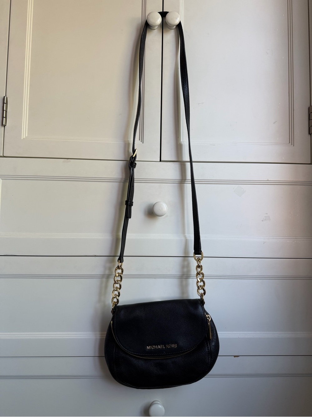 Michael Kors Black Pebbled Leather Saddle Crossbody with Gold Hardware
